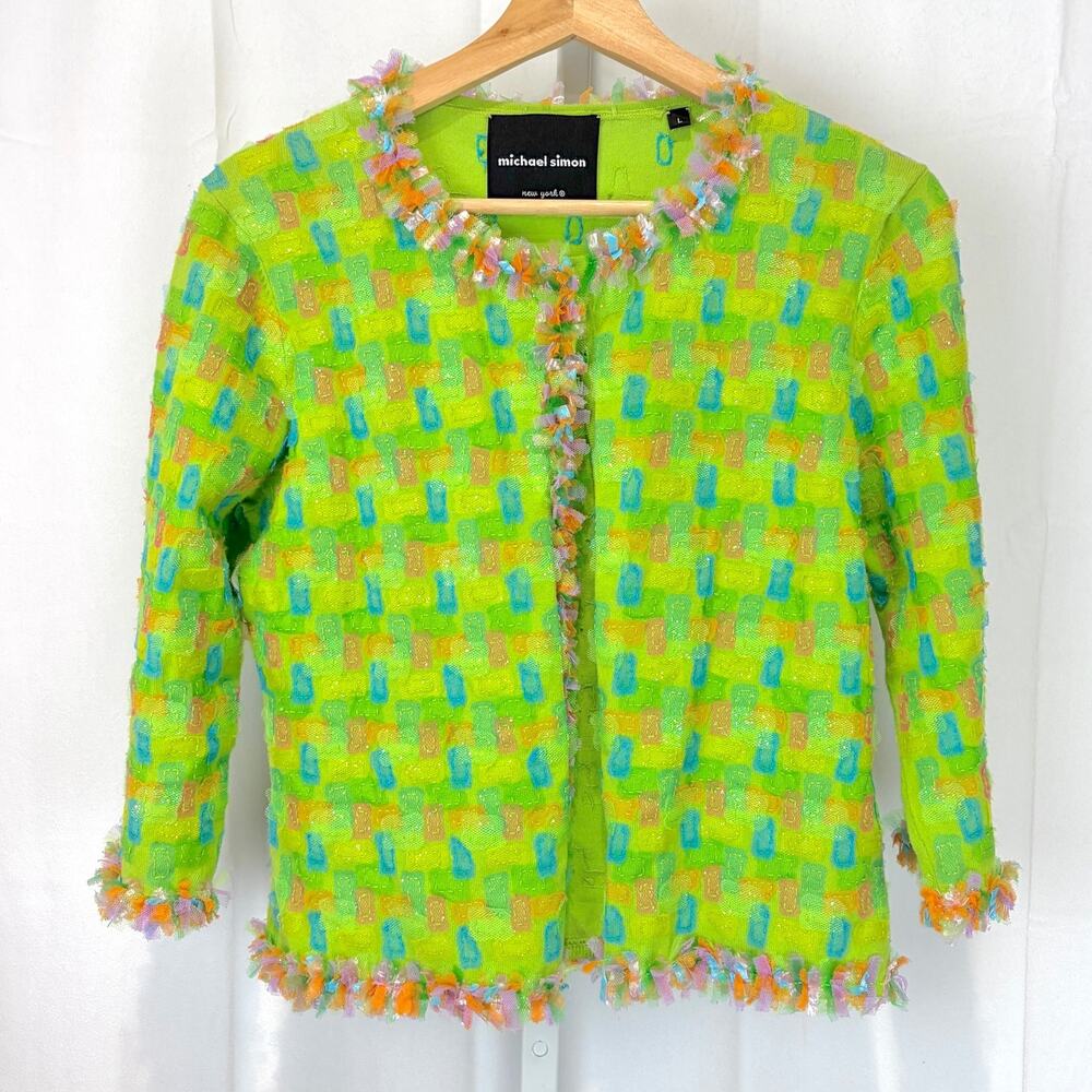 MICHAEL SIMON Embellished Crop Cardigan Sweater Green Multicolor Runs Small L